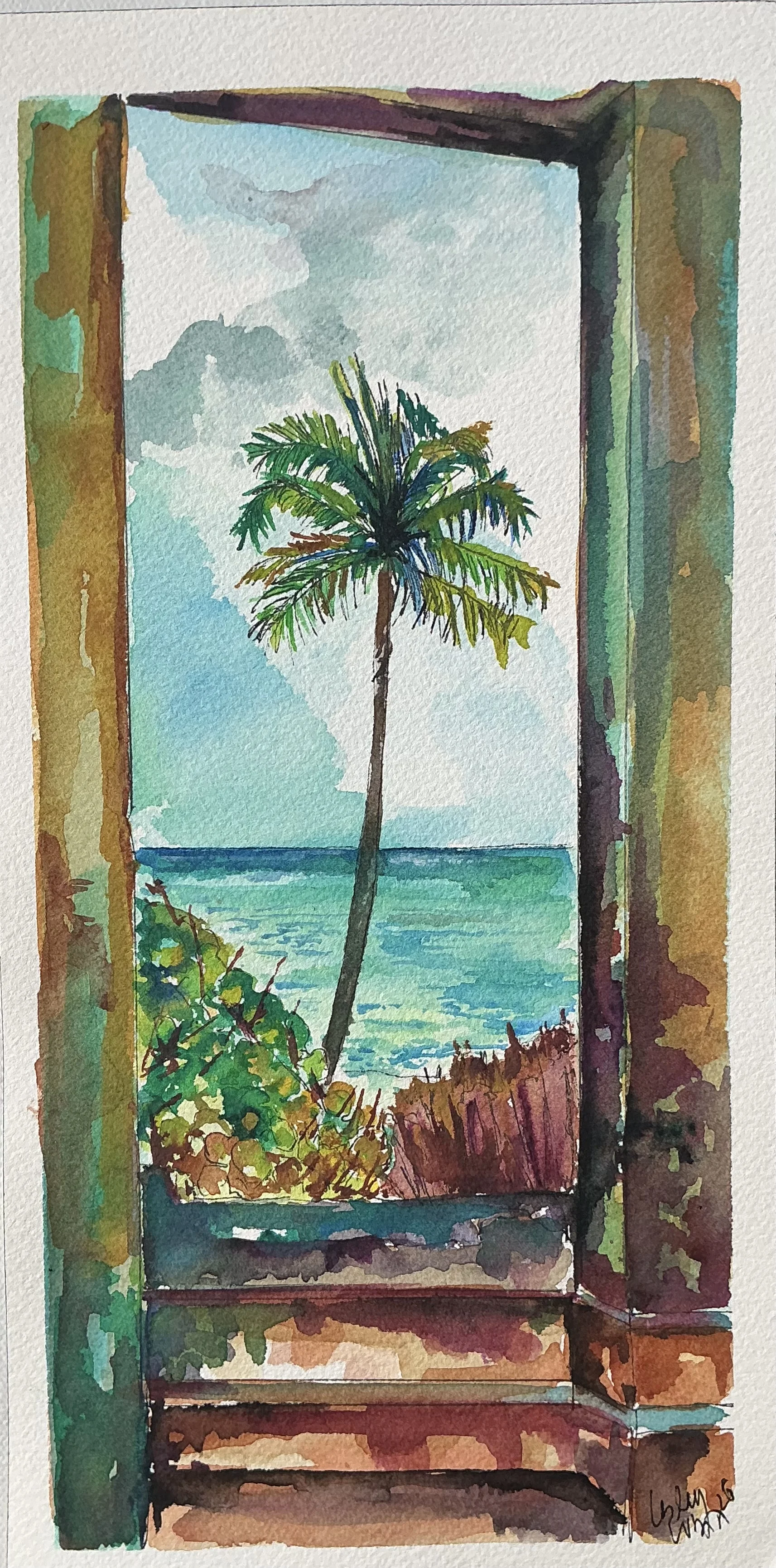 Window with a view — St. Lucian watercolour painting
