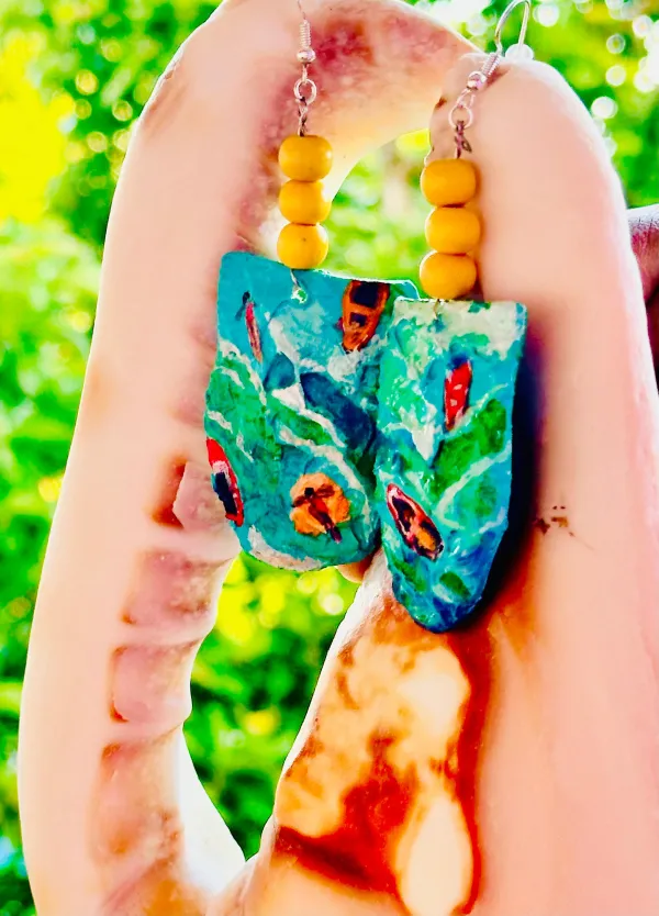 Hand painted Mango Seed Earrings- A day at the beach