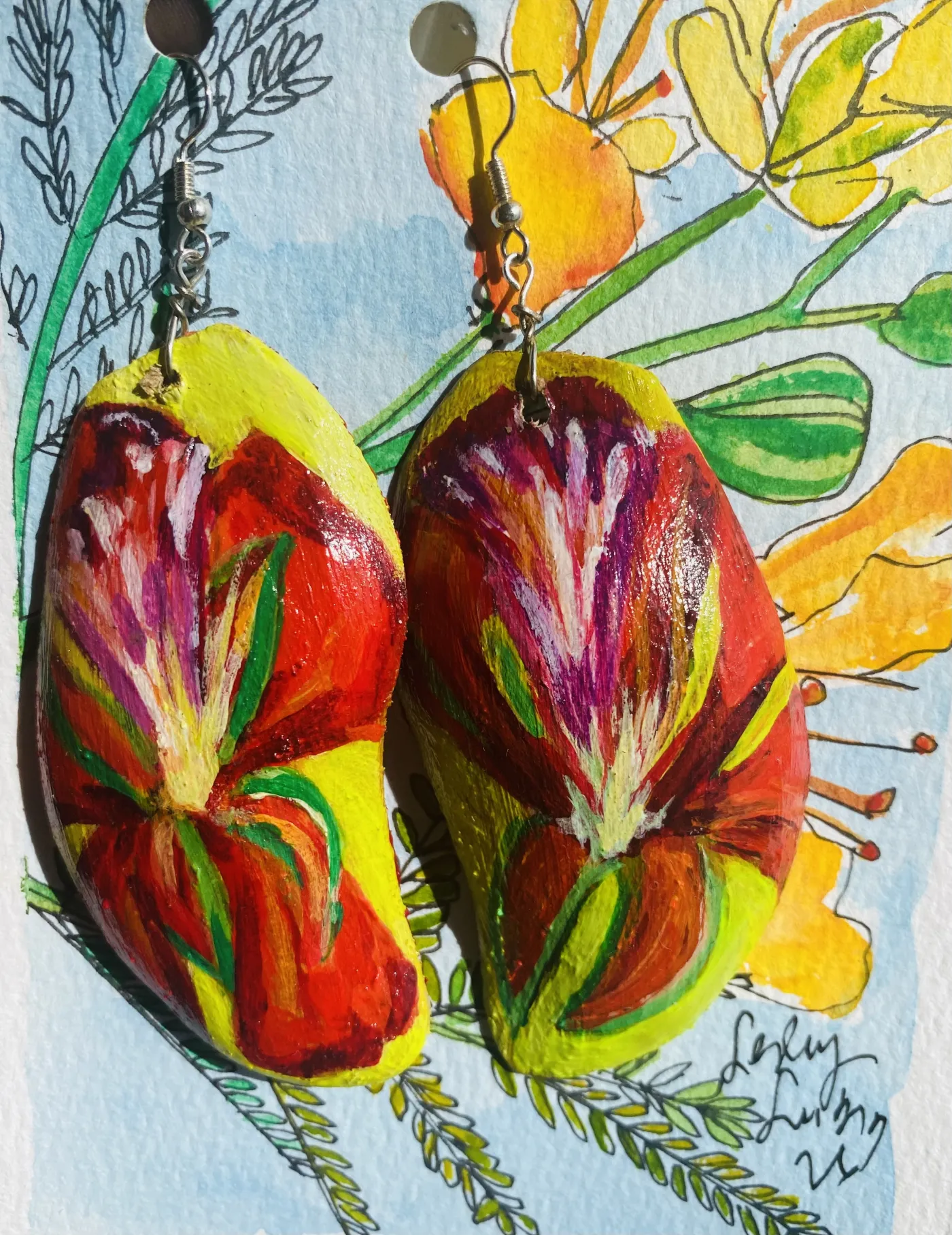 Hand painted Mango Seed Earrings- Flambouyant