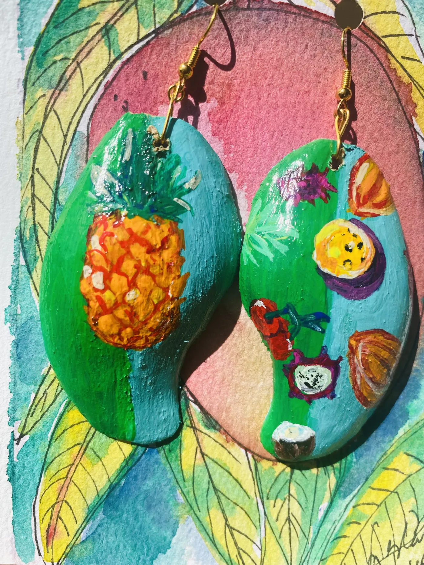 Hand painted Mango Seed Earrings- Piña colada